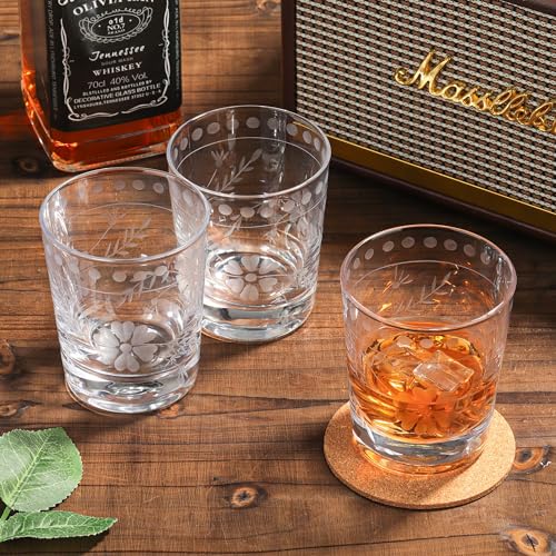 Joeyan Hand Blown Etched Drinking Glasses,Clear Water Glass Cups with Floral Pattern,Aesthetic Tumblers Glassware Set for Beverages Juice Cocktail Whiskey,9 oz,Set of 4,Dishwasher Safe - color: Drinking Glasses