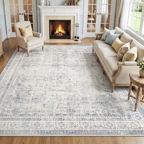 FMFUNCTEX 6x9 Washable Blue Vintage Neutral Large Area Rug for Living Room | Non Slip Low Pile Soft Large Farmhouse Distressed Traditional Faded Indoor Thin Carpet Bedroom Dining Room Nursery Office - color: Blue, size: 6' x 9' (Rectangular)