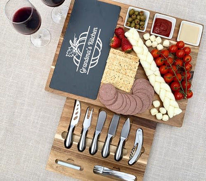 Luxury Acacia Charcuterie Board Gift – Personalized Slate Cheese Board with Utensils – Perfect Thanksgiving, Wedding, Christmas & Housewarming Present - color: Design #29