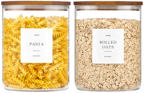 2 Pack Glass Containers with Acacia Lids, 70oz Pantry Airtight Storage Jars | Large Kitchen Canisters with 105 Labels, Pantry Food Storage Containers with Wood Lids for Pasta, Flour, Rice, Cereal - size: 70oz 2 Pack