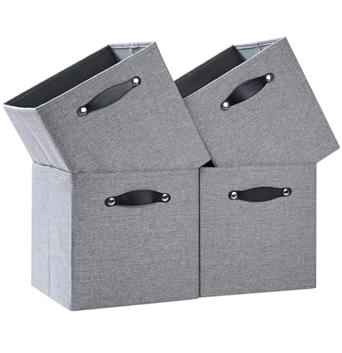 Cube Storage Bins | 13"x15"x13", Dim Gray, 4 Pack | Multi-Size | 2X Thick Support Board | Vegan Leather Handles | 7.7 oz/yd² Fabric | Drawer Insert Basket Fits KALLAX - color: Dim Gray, size: 13"x15"x13"