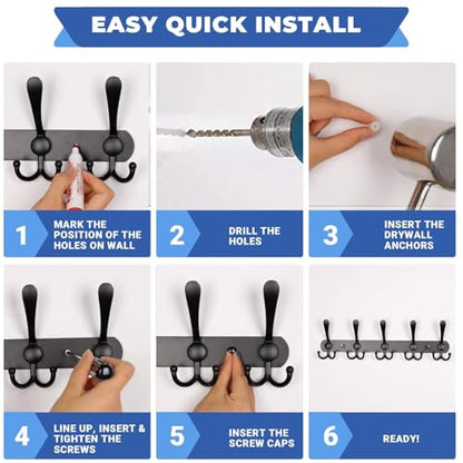 GlazieVault Coat Rack Wall Mount - Stainless Steel Coat Rack (2 Pack) - Heavy Duty Coat Hooks Wall Mounted - Hanger for Hat Towel Robes Jacket Clothes for Bathroom Entryway - style: Black Tri