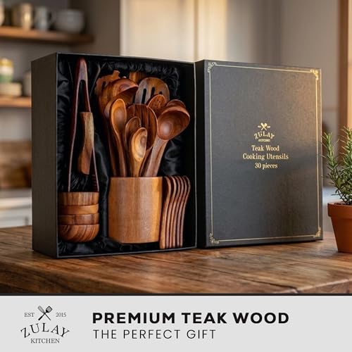 Zulay Kitchen 30-Piece Teak Wooden Utensils - Natural Teak Cooking Utensils with Premium Gift Box - Non-Stick Wooden Spoons - Kitchen Gift Set - Comfortable Grip - size: 30 Piece | Gift Box