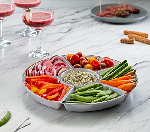 6 Sectional Round Plastic Serving Tray/Platters White W Silver Rim 4 Pack - color: White & Silver