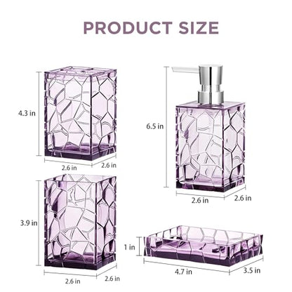 HBlife Bathroom Accessories Set, Acrylic Bathroom Counter Set of 4 | Boho acrylic bathroom decor, 4-pc: holder, soap, tumbler, dish, Easy-clean & rustproofd, Ideal housewarming gift - style: purple