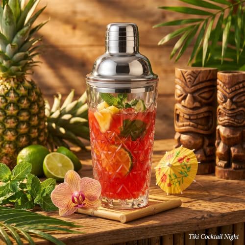 Elegant Glass Cocktail Shaker Set - Herringbone Design, 15oz Capacity, Leakproof Stainless Steel Top - Perfect for Bartending Enthusiasts - color: Herringbone Mixer