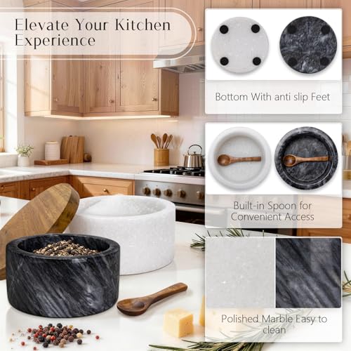 Marble Salt Cellar with Lid & Spoon, Salt Container White & Grey | Acacia Wood Lid, Wide Base with Non-Skid Feet, Moisture Proof Spice Cellars Keeps Salt, Pepper & Spices Dry, 6 oz - color: White & Grey