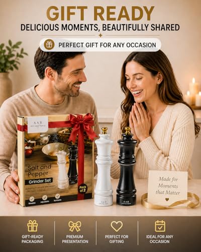 Wooden Black and White Manual Refillable Large Salt and Pepper Grinder Set, Shaker with Adjustable Ceramic Grinding Mechanism for Customized Coarseness, 8 Inches, Pack of 2
