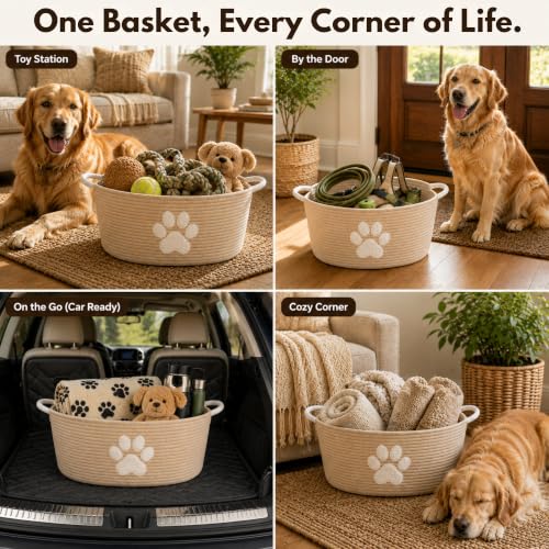 Dog Toy Basket with Handles, Boho Cotton Rope Storage Bin Organizer | Warm boho dog toy organizer, natural woven look. Holds toys, blankets & leashes. Machine washable, collapsible rope bin - color: Khaki / White Paw