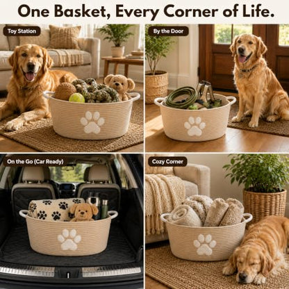 Dog Toy Basket with Handles, Boho Cotton Rope Storage Bin Organizer | Warm boho dog toy organizer, natural woven look. Holds toys, blankets & leashes. Machine washable, collapsible rope bin - color: Khaki / White Paw