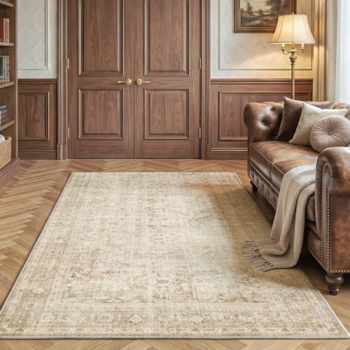 FMFUNCTEX 5x7 Washable Beige Vintage Neutral Large Area Rug for Living Room | Cream Non Slip Low Pile Soft Large Retro Distressed Traditional Faded Indoor Thin Carpet Bedroom Dining Room Nursery Office - color: Beige, size: 5' x 7' (Rectangular)