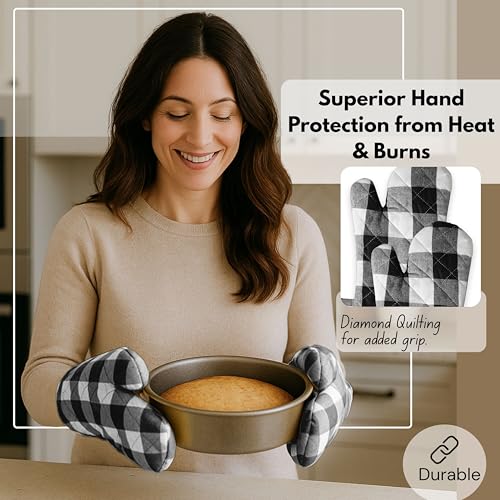 Native Fab Buffalo Plaid Check Oven Mitts and Pot Holders Set of 4, 100% Cotton Heat Resistant Kitchen Gloves, 2 Oven Mitts (7x13), 2 Pot Holders (8x8) for Cooking & Baking, Black White - color: Buffalo, Black
