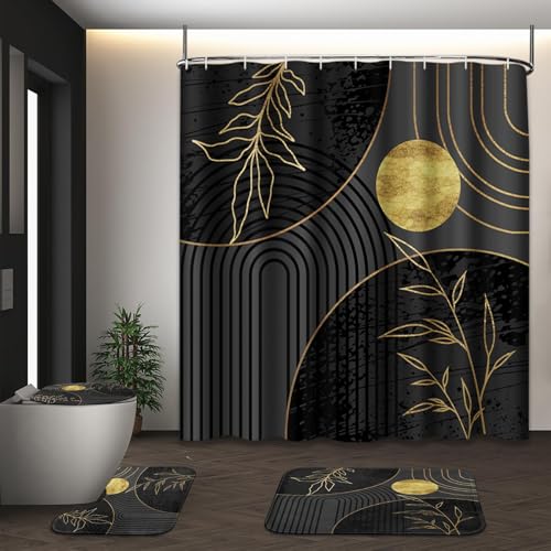 Bathroom Sets with Shower Curtain and Rugs, 4 Pcs, Mid Boho | Century Geometric Abstract Modern Bathroom Decor Set with Toilet Lid Cover, Non-Slip Bath Mats and Accessories 12 Hooks - color: Vintage Grey Background