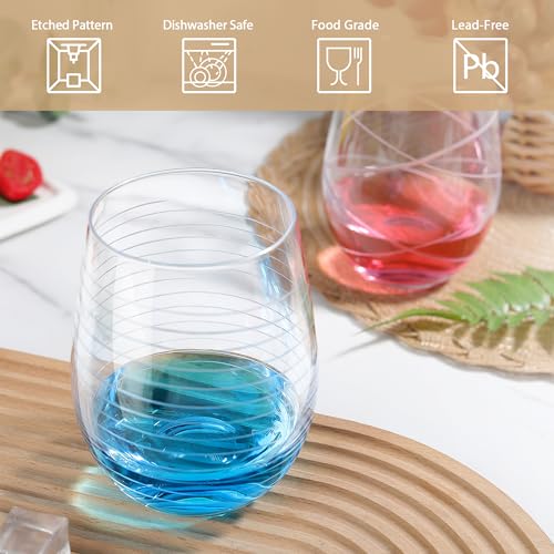 Joeyan Hand Blown Etched Stemless Wine Glasses with Strips Swirls Pattern for Red Wine,Large Carved Drinking Glass Cups Tumblers for Wedding Anniversary Party Home,Set of 2, 17.5 oz, Dishwasher Safe - color: Etched Swirls Horizontal Stripes Patterned