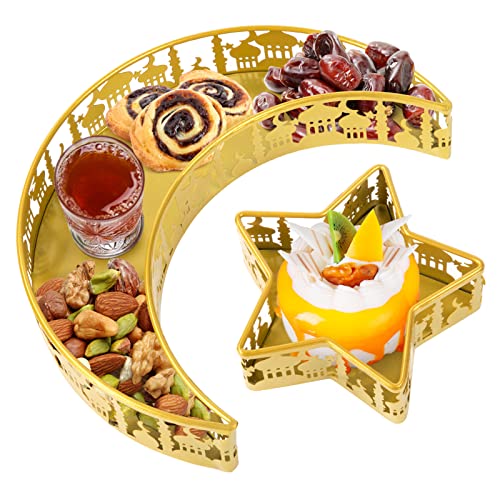 2PCS Ramadan Serving Trays Decorations for Home - Moon Star Shaped Eid Mubarak Table Decor Gifts, Islam Muslim Al-Fitr Iftar Party Crescent Iron Platters Dishes(Palace Pattern) - style: Palace