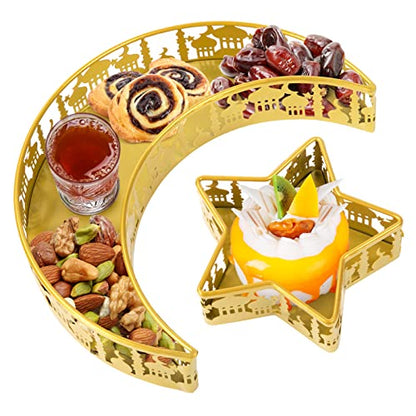 2PCS Ramadan Serving Trays Decorations for Home - Moon Star Shaped Eid Mubarak Table Decor Gifts, Islam Muslim Al-Fitr Iftar Party Crescent Iron Platters Dishes(Palace Pattern) - style: Palace