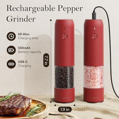 Ultrean Pepper Grinder, Rechargeable Salt and Pepper Grinder with 6 Adjustable Coarseness, LED Light, Automatic Salt and Pepper Shakers, Cooking Gifts Valentines Day Gifts for Women, Crimson Red - color: Crimson Red