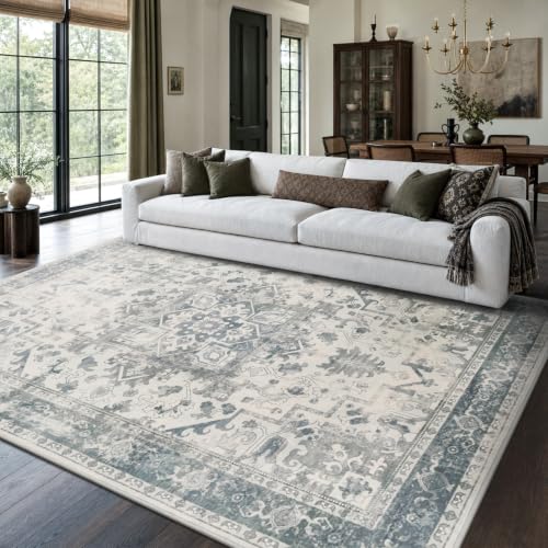 Area Rugs 5x7, Washable Rugs for Living Room,Bedroom,Blue Rug | Non-Slip, Soft Vintage Boho,Blue decor for Office,Dining,Kids Room & Farmhouse,Durable Low Pile Ideal for High Traffic Areas - color: Blue & Grey, size: 5' x 7' (Rectangular)