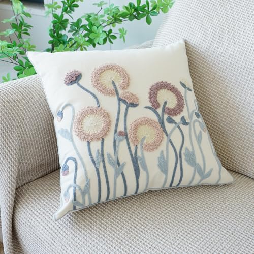 vctops Floral Embroidered Pillow Covers 18x18 Inch Spring Summer Cotton Tufted Throw Pillow Cover Outdoor Garden Cushion Case for Sofa, Bed, Living Room (Flower C,18"x18") - color: Flower C