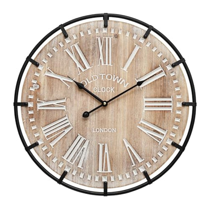 EMAX HOME 20 Inch Large Farmhouse Wall Clock, Rustic Antique Wood with Metal Circle and Large Engraved Numerals, Silent Battery Operated Wall Clock for Office Kitchen Bedroom Living Room - color: Brown, size: 20 Inch Roman numerals