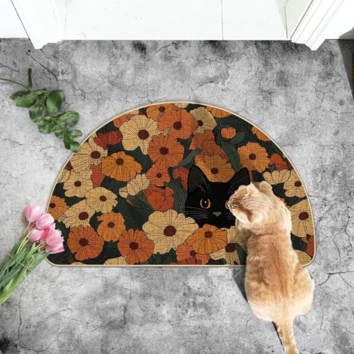 Artoid Mode Black Cat Flowers Summer Home Decor Low-Profile Switch Rug Door Mat for Indoor Outdoor 17x29 Inch