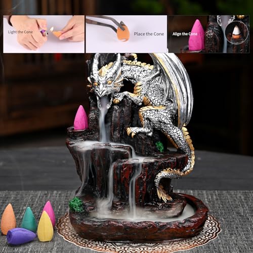 Dragon Backflow 2 Sided Mountain Waterfall Incense Burner,Fountain Smoke Incense Holder with Backflow Incense Cones, Tweezers, Mat，Resin Aromatherapy Meditationvaiuk (Silver) - color: Silver