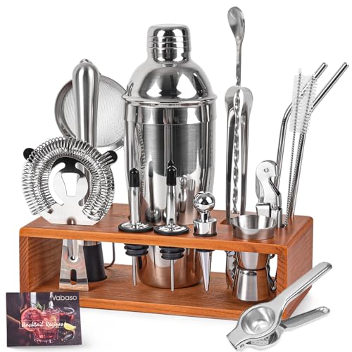 Vabaso 20-Piece Bartender Kit with Stand, Cocktail Shaker Set for Home Bar, 25oz Professional Stainless Steel Bar Tool Set with Cocktail Recipes Booklet, Christmas White Elephant Gifts for Adults Men