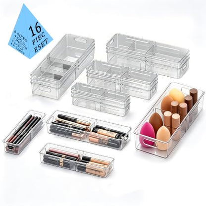 BLULEE 4-in-1 Expandable Drawer Organizer Set, Adjustable Clear Bins | with Dividers for Kitchen, Bathroom, Vanity & Office, Scalable Trays for Cosmetics, Utensils & Desk Accessories (16 Pcs) - size: 16 PCS