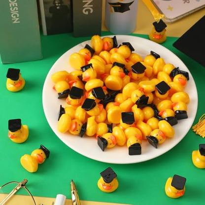 JUNEBRUSHS Graduation Table Decorations, 50 Pcs Mini Resin Ducks Tiny Graduation Cap Duck Yellow Grad Ornaments for Grad Party Favors Crafts - style: Duck Style