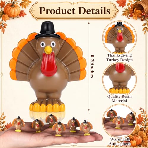 RoundFunny 50 Pcs Miniature Fall Resin Turkey Figurines Thanksgiving Decor | Mini Turkey to Hide and Seek, Fall Thanksgiving Little Statue for DIY Crafts Autumn Harvest Party Table Tiered Trays Decor - style: Turkey