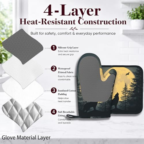 Black Wolf Howling at The Moon Oven Mitt and Pot Holder with Silicone Heat Resistant Kitchen for Cooking BBQ Baking Grilling Cooking Protection - color: Black Wolf Howling at the Moon