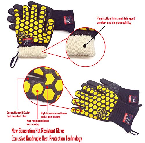 J H Heat Resistant Oven Glove:EN407 Certified 932 °F, 2 Layers Silicone Coating, Oven Mitts for Cooking, Kitchen, Fireplace,Camping, Grilling (Black/Yellow, Regular Cuff) - color: Black/Yellow, size: Regular Cuff
