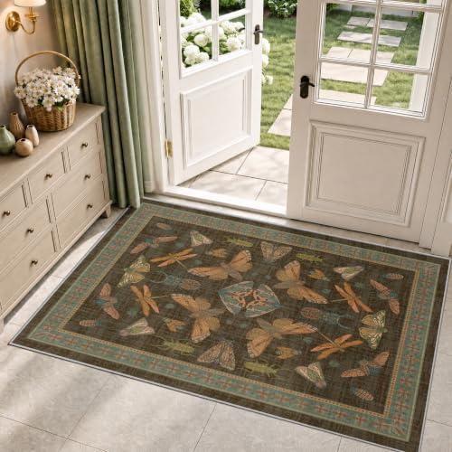 Arenarug Entryway Rug 3x5 Non Slip Washable Area Rug Insect Boho Soft Distressed Vintage Lightweight Low Pile Carpet for Living Room, Bedroom, Dining Room, Kitchen, Office, Brown - color: Brown, size: 3'x5'