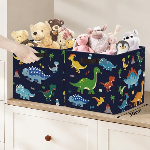 Clastyle 11.8" Dinosaur Storage Basket Set of 3 for Kid Boy Toy Clothes Bin | Collapsible Fabric Book Bin, Metal Frame Bottom Board, Cube Organizer, Closet Nursery Pantry Shelf Bedroom, Black Dino - color: Black
