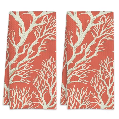 Red and White Coral Tree Hand Towels Set of 2,Waffle Weave Soft Absorbent Kitchen Dish Towels,Decorative Bathroom Towel for Hotel Bath Gym Yoga 16"x24" - color: Red and White Coral Tree