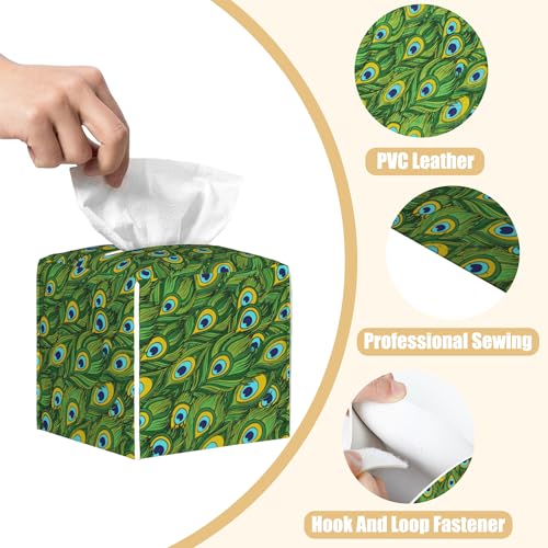 Leather Tissue Box Holder Peacock Feather Tissue Box Cover Facial Paper Case Organizer Cube Napkin Dispenser for Bathroom Vanity Countertop Night Stand Office Car - color: Peacock Feather
