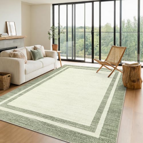 Garvee 8x10 Area Rug Neutral Rugs for Living Room Washable Rugs，Green | Bedroom Non Slip Non Shedding Floor Cover Stain Resistant Low Pile Throw Rug for Dining Room Nursery - color: Modern Border - Green, size: 8' x 10' (Rectangular)