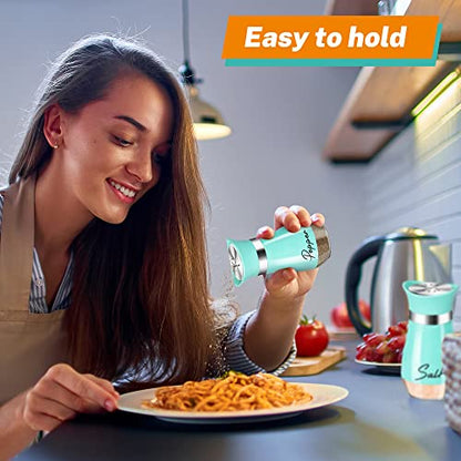 Salt and Pepper Shakers - 2-Piece 4 oz Cyan-Blue Glass Set with Steel Lids | Refillable Glass Shakers with Stainless Steel Lids for Cooking, Dining, RV Trips, Camping and BBQs; 4 oz Capacity Each. - color: Cyan-Blue