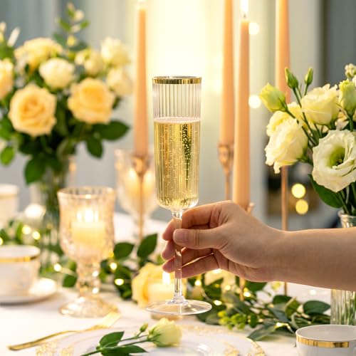 36PCS Plastic Champagne Flutes Ribbed for Weddings & Parties | Gold trim Champagne Glasses, 6 oz, Elegant Sparkling Wine Stemware, Disposable yet Sturdy, for Toasting at Anniversaries