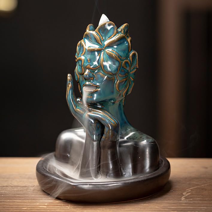 Flower Masked Half Face of Women in Hands Statue Backflow Incense Holder,Waterfall Incense Burner Holder for Sticks Cones Home Office Yoga AI034 - color: Women B
