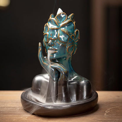 Flower Masked Half Face of Women in Hands Statue Backflow Incense Holder,Waterfall Incense Burner Holder for Sticks Cones Home Office Yoga AI034 - color: Women B