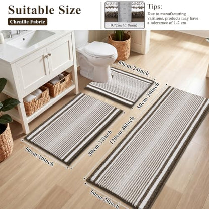 HEBE Chenille Bathroom Rugs Sets 3 Piece, Non Slip Washable Bath Mats Set | Absorbent Bathroom Mat Set, Soft Bath Rugs, Ultra Plush Bath Mat and U-Shaped Contour Toilet Rug Set for Tub Shower, Brown - color: Brown