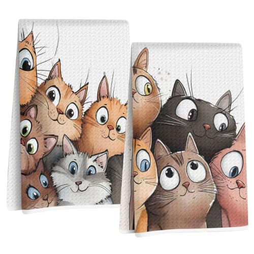 Jztco 2 Pcs Cute Cat Kitchen Towels, Cats Gifts Soft Absorbent Hand Towels | Cat Lover Gifts for Women Mom Dish Cloths for Drying Dishes, Waffle Dish Towels for Kitchen Home Bathroom Decor - color: Multi 1432