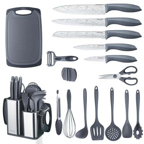 Kitchen Set,18-Piece Cooking Utensils and Kitchen Knife Set,Gray | 7-Piece Kitchen Utensils Heat-resistant to 410°F,5-Piece Sharp Knife,5-Piece Cooking Tools and Cutting Board In One - color: Gray