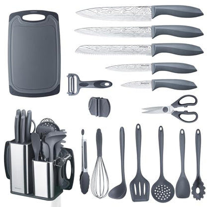 Kitchen Set,18-Piece Cooking Utensils and Kitchen Knife Set,Gray | 7-Piece Kitchen Utensils Heat-resistant to 410°F,5-Piece Sharp Knife,5-Piece Cooking Tools and Cutting Board In One - color: Gray