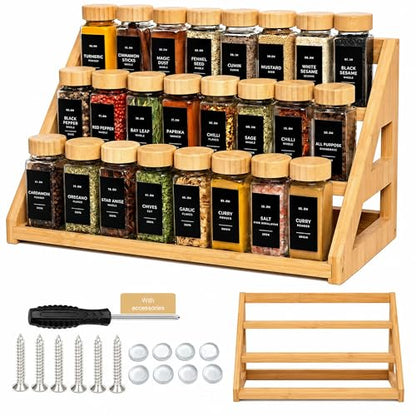 Bamboo Tier Spice Rack Organizer: 17.5 Inch Wide Kitchen Cabinet Countertop Spice Jar Organizer for Home Organization