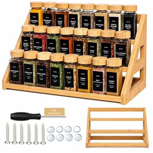 Bamboo Tier Spice Rack Organizer: 17.5 Inch Wide Kitchen Cabinet Countertop Spice Jar Organizer for Home Organization