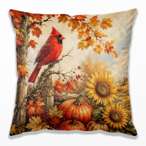 Farmhouse Fall Red Cardinal Pillow Cover 18x18 | Vintage Rustic Country Pumpkin Sunflower Red Bird Decorative Throw Pillow Cover for Home Living Room Bedroom - color: 26color