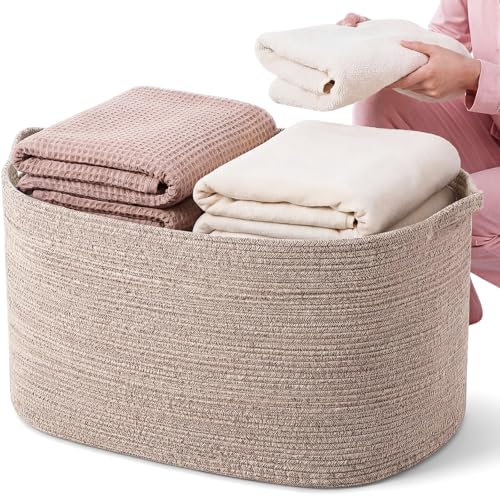 XXXXL 125L Extra Large Woven Blanket Basket, 25" x 18" x 17" Jumbo Cotton Rope Storage Basket with Handles Toy Storage Bins for Laundry Hamper Nursery Organizer Living Room Home(Natural Linen) - color: Natural Linen