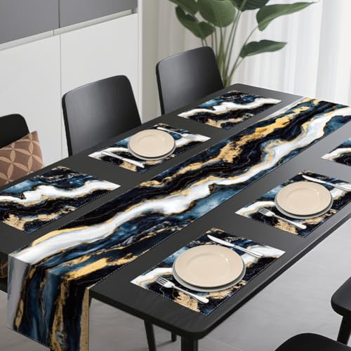 WADORN Marble Texture Abstract Table Runner and Placemats Set of 6, Black White Gold Ink Marble Texture Kitchen Dinning Table Decoration Abstract Modern Art Dining Settings for Home Kitchen Party - size: Marble Texture